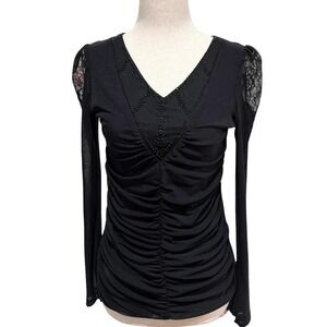 Y2K 2000s Whimsigoth Black Beaded Long Sleeve Mesh Top with Lace Detailing